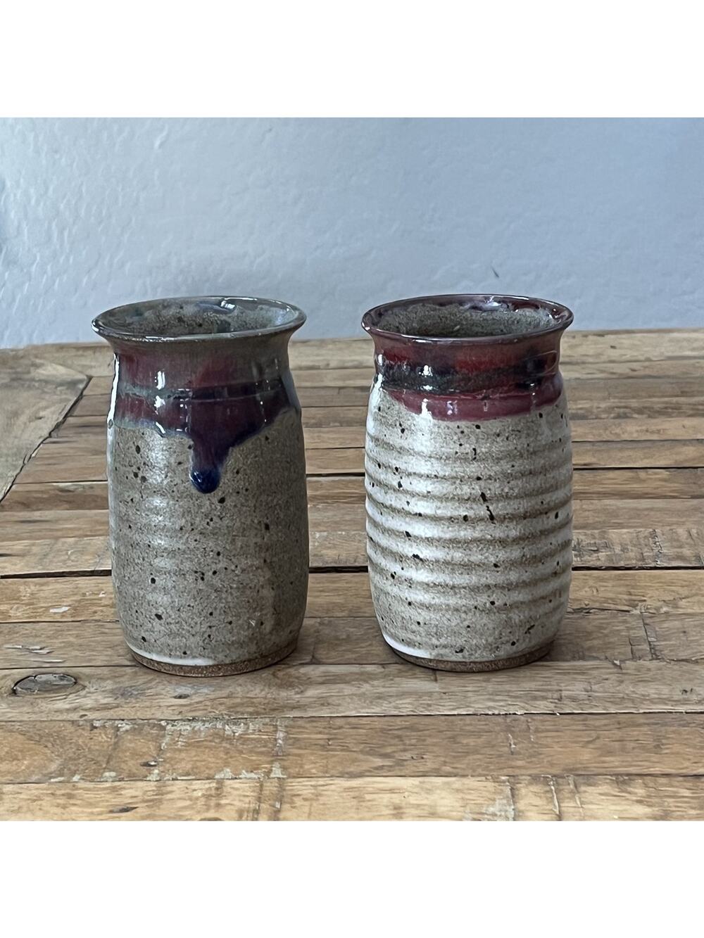 Vintage Houston Studio Pottery Stoneware Vases 5.25" Textured Glaze Drip
